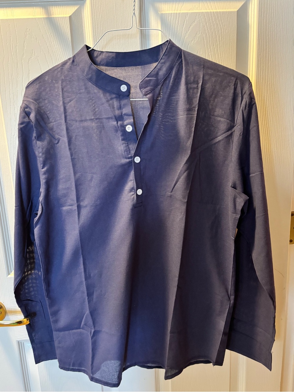 Men's Long-Sleeve Band Collar Shirt in Dark Blue